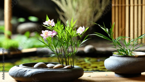 Balance and asymmetry in a zen garden with peaceful places 16:9 with copy space photo