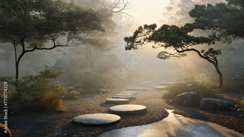 Balance and asymmetry in a zen garden with peaceful places 16:9 with copy space photo