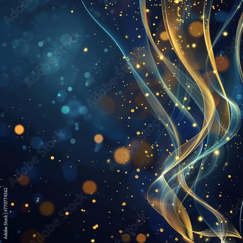 Golden Elegance on a Dark Blue Background: Glowing Dots and Swirls with Flowing Ribbons