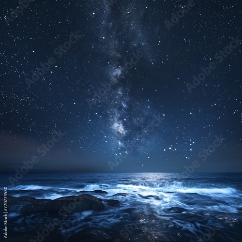 A night sky where the Milky Way spills its luminescence into the ocean stars and water united in tranquil harmony