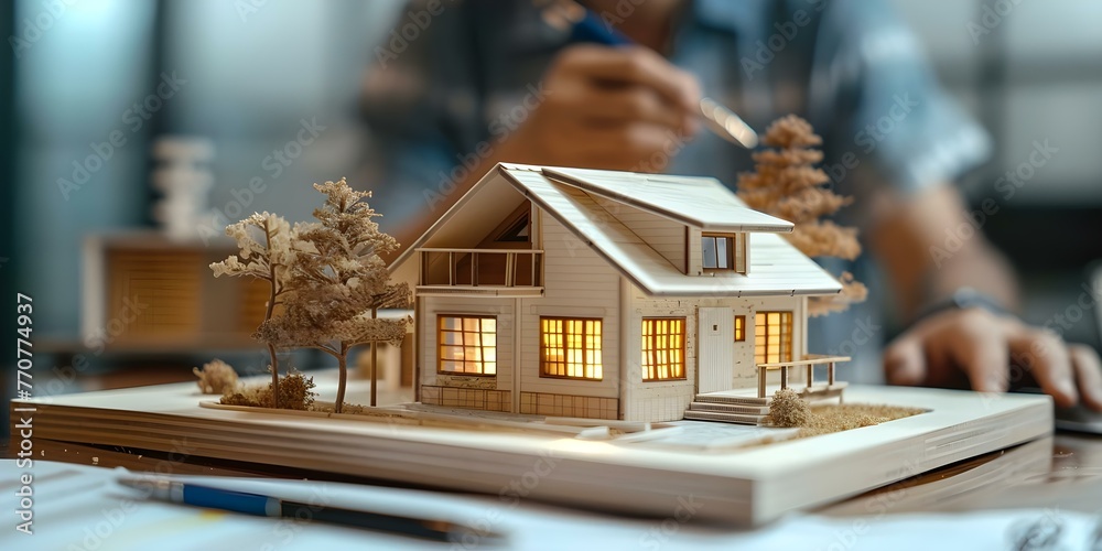 Focus on a Modern D House Model with a Customer Signing a Contract in the Background. Concept Architecture, Real Estate, Contract Signing, Modern Design, Customer Satisfaction Focus on a Modern D House Model with a Customer Signing a Contract in the Background. Concept Architecture, Real Estate, Contract Signing, Modern Design, Customer Satisfaction