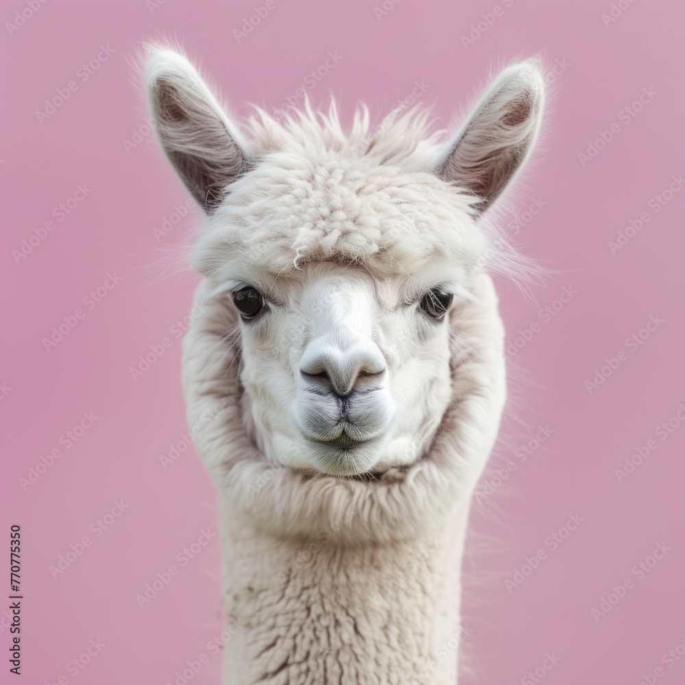 Cute portrait of a white alpaca. Copy space for text.