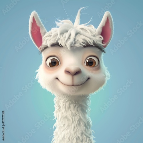 Cute portrait of a white alpaca. Copy space for text.