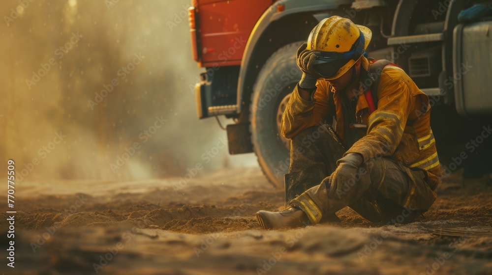 Tired firefighter rest by fire struck Tired firefighter rest by fire struck