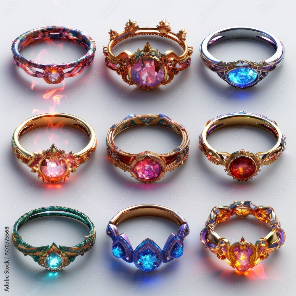 Set of multicolor gold and silver rings and bracelets with gems, precious stones. Isolated icons for games. Set of multicolor gold and silver rings and bracelets with gems, precious stones. Isolated icons for games.