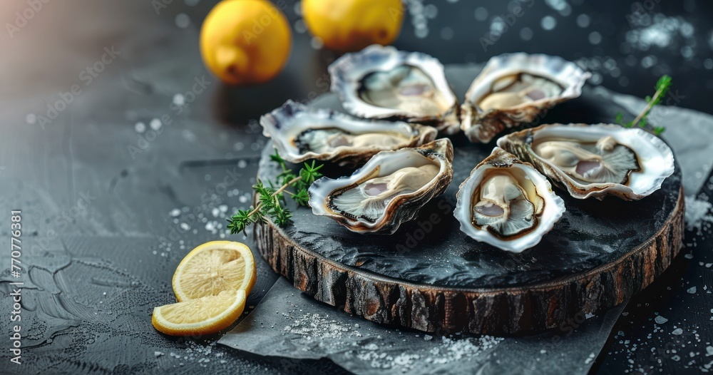 Fresh Oysters on Stone with Lemon, Set on Dark Rustic Background Fresh Oysters on Stone with Lemon, Set on Dark Rustic Background