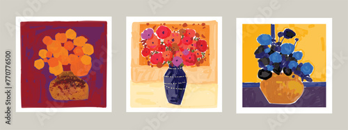 Beautiful abstract flowers and plants in pots, vase rough hand drawn vector illustration. Floral, houseplants, gardening art print.