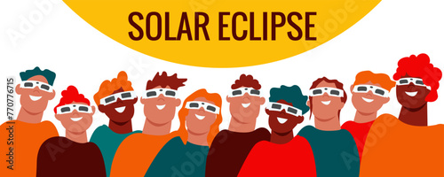 Solar eclipse. Group of joyful people with protective glasses looks at the solar eclipse. Poster template, web banner, or card.Vector illustration.