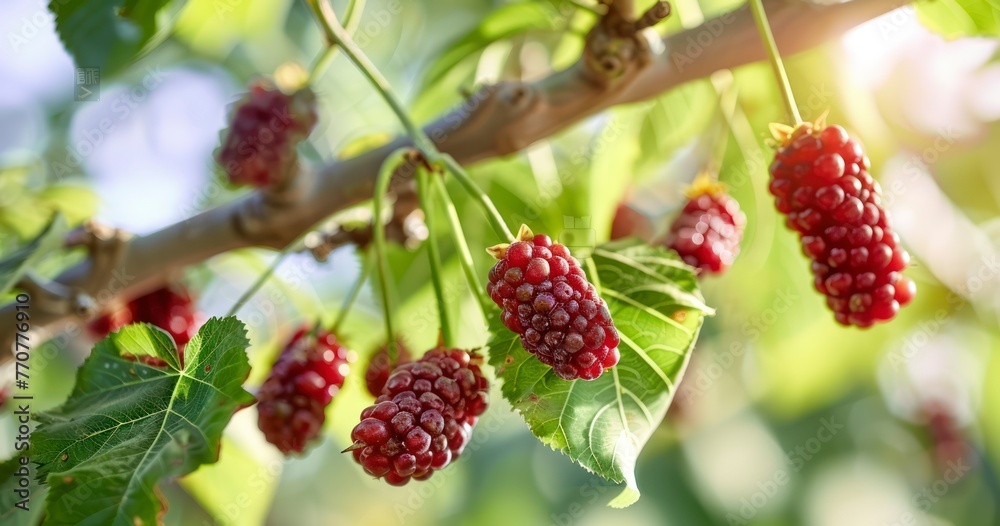 Vibrant Red Mulberries Adorning Tree Branch Vibrant Red Mulberries Adorning Tree Branch