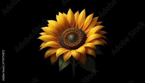 Sunflower Isolated on Black Background. Amazing Nature Floral Beauty Plant. Elegant Gift. Wedding , Birthday, Valentine Day Greeting Card Template. Garden Flowers Shop Flyer Advertising Flower Element