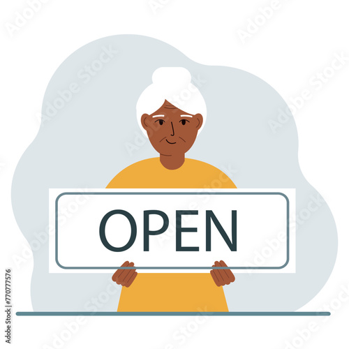 A woman holds a board with the text OPEN in his hands. Advertising poster. Vector flat illustration