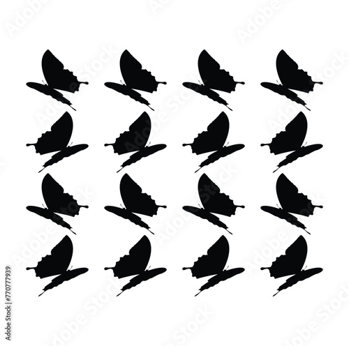  Silhouettes of butterflies. Black pictures of funny butterflies. Banner with silhouettes of butterflies.