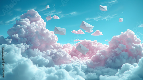 A sky full of clouds with many envelopes flying through it. The envelopes are scattered throughout the sky, some higher up and some lower down. The scene gives off a feeling of excitement