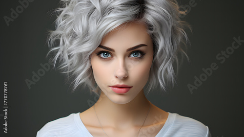 A portrait of a young woman with captivating blue eyes and trendy grey hair styled in a modern fashion