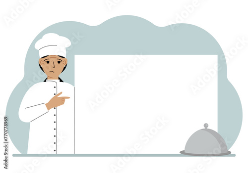 A female cook in uniform and a cap holds a large sheet of paper. Concept for menu, recipe book, blank cookbook or records. Vector flat illustration