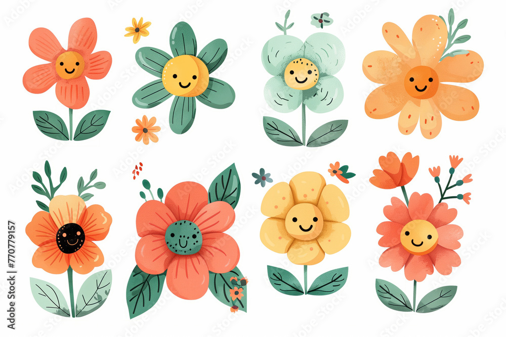 Colorful, smiling flowers with various designs create a cheerful, artistic, and visually appealing illustration
