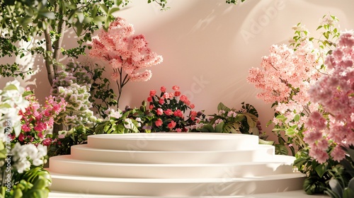 Floral podium in a blooming garden setting for beauty and natural products