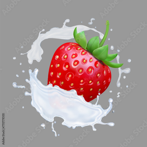 Strawberry in realistic milk splash. 3d vector. © lightgirl