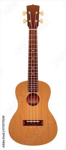 Ukulele isolated on white background seen from the front. Small four-string guitar of Hawaiian origin. Wooden musical instrument. Cartoon style vector illustration