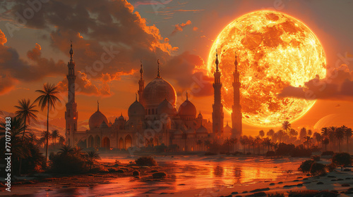 An artistic rendering of a fantasy scene where the big moon embraces the mosque its light weaving through the minarets and windows