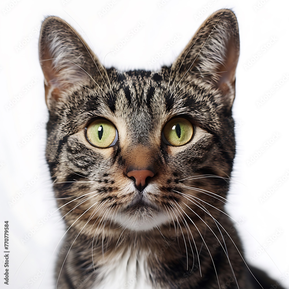 Portrait of a tabby cat with green eyes on white background