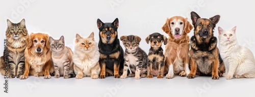 a large group of cats and dogs sitting together against a pristine white background in a panoramic photograph  offering high-resolution rendering without shadows or text