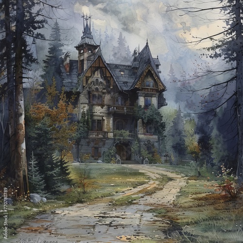 A painting of a house with a path leading to it
