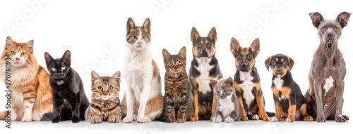 a large group of cats and dogs sitting together against a pristine white background in a panoramic photograph, offering high-resolution rendering without shadows or text