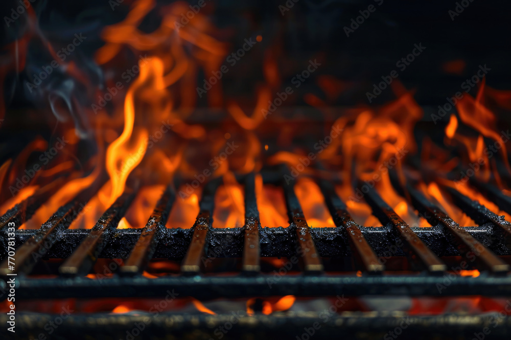 Empty Fired Barbecue On Black Background, Barbecue Grill With Fire Flames, Generative Ai Empty Fired Barbecue On Black Background, Barbecue Grill With Fire Flames, Generative Ai