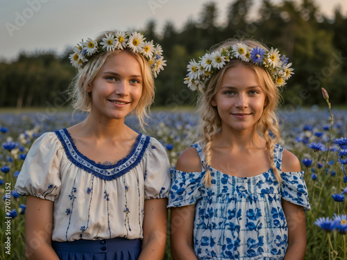 Golden Blossoms: Blonde Midsummer Nymphs in Floral Crowns photo