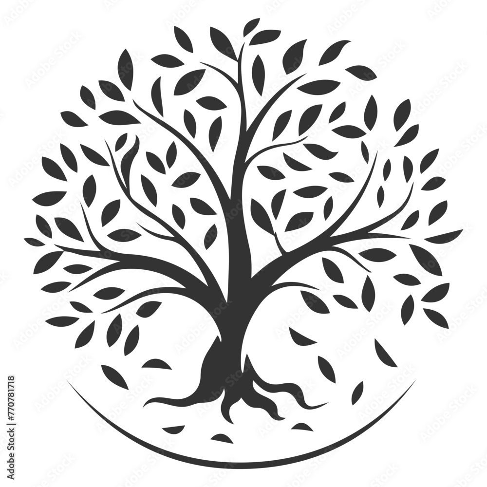 A tree with leaves is shown in black. Vector icon, logo. A tree with leaves is shown in black. Vector icon, logo.