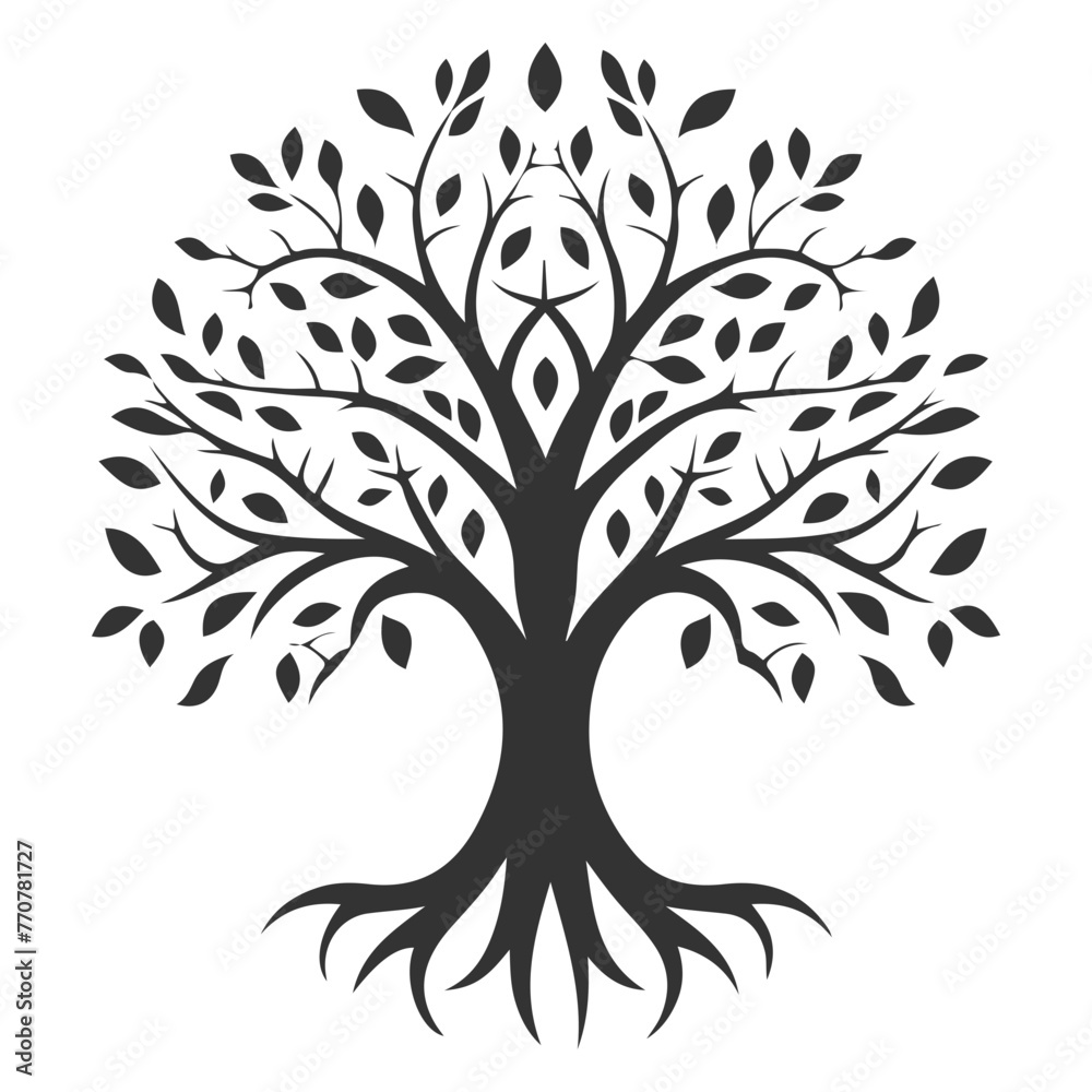 A tree with leaves is shown in black. Vector icon, logo.