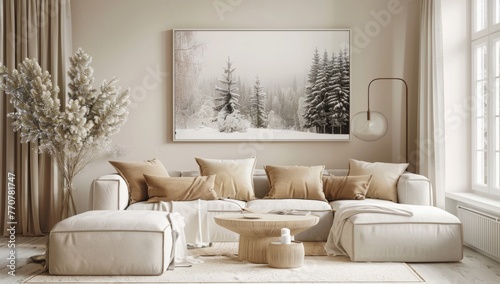 Elegant living room with a framed print of a beautiful winter landscape hanging on the wall