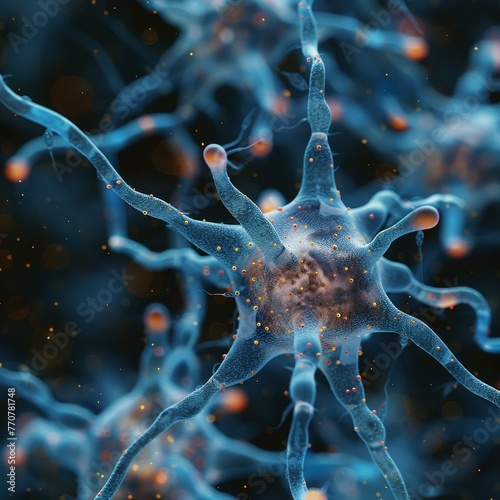 A close up of a blue neuron with a lot of detail