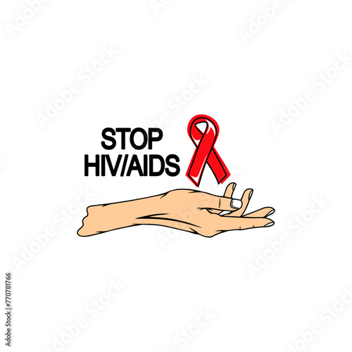 right hand with a red ribbon on it symbolizing hiv aids prevention vector illustration