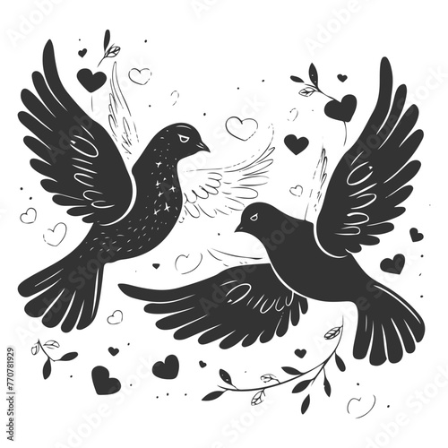 Minimalist flat style vector graphics of decorative wedding pigeons in black and white, featuring love-themed doves with hearts.