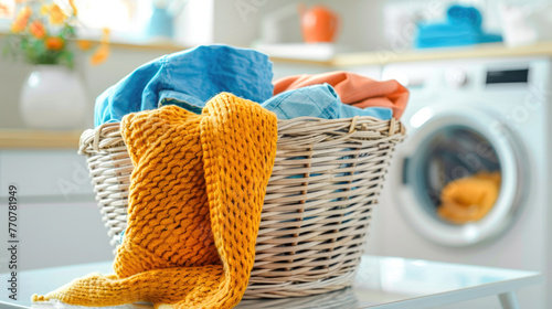Basket with clothes in laundry room with washing machine on background, Generative Ai