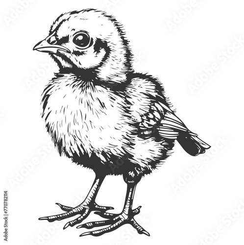Hand-drawn vector monochrome illustration of a chick