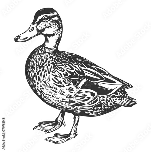 Hand-drawn vector monochrome illustration of a duck isolated on white.
