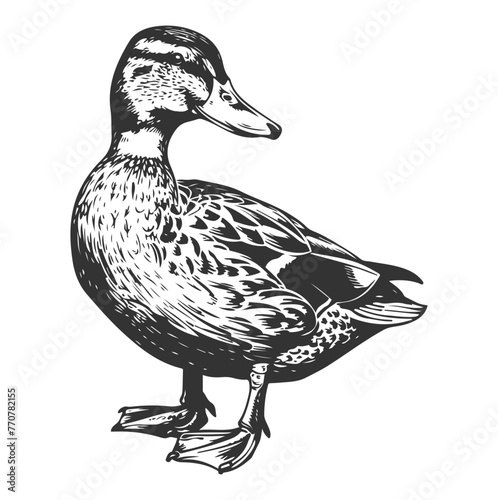 Hand-drawn vector monochrome illustration of a duck isolated on white.