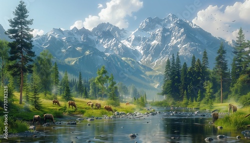 Pictures of mountain and river landscapes, wildlife drinking along the river. generative ai