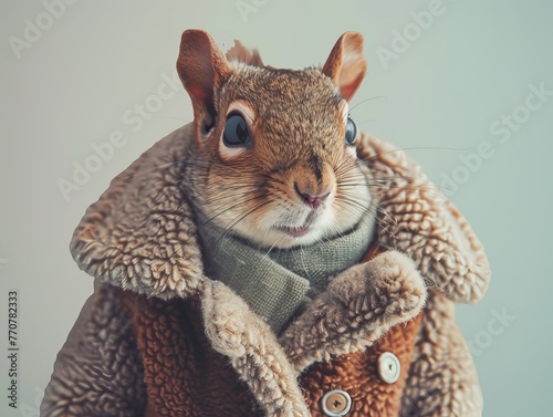 Adorable and cute squirrel portrait wearing retro and vintage clothes, retro accessories, nostalgia, vintage, 1800s, 1900s, 1920s, 1950s, 1960s, 1980, 1990, 2000s