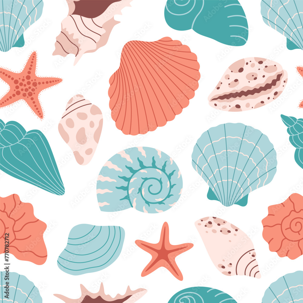 Seamless pattern with sea shells, mollusks, sea snails. Tropical beach shells. Summer seamless pattern. Vector illustration in flat style Seamless pattern with sea shells, mollusks, sea snails. Tropical beach shells. Summer seamless pattern. Vector illustration in flat style