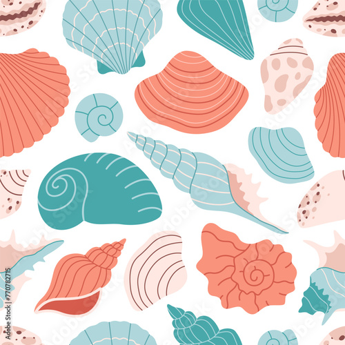 Seamless pattern with sea shells, mollusks, sea ​​snails. Tropical beach shells. Summer seamless pattern. Vector illustration in flat style