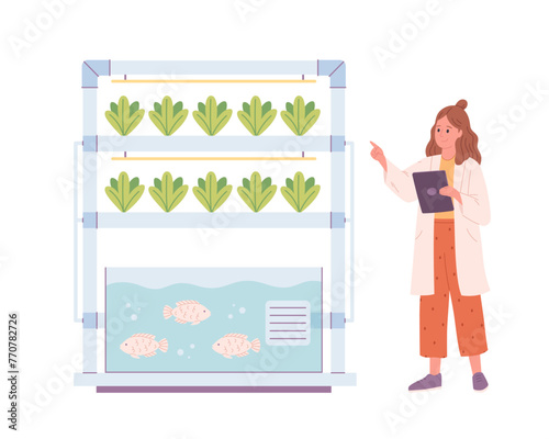 Hydroponics and aquaponics technology for plants growing. Vertical farming. Biologist grows plants. Smart farm. Vector illustration in flat style