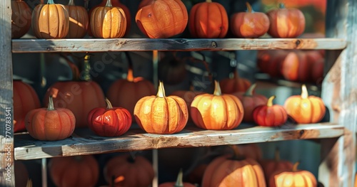 Colorful Pumpkins Set Against Wooden Shelves