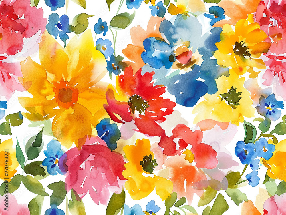 Seamless floral watercolor, vibrant blossoms, white backdrop, lush and lively