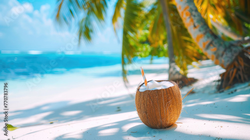 coconut cocktail on white sandy beach with Palm trees and turquoise sea background  Generative Ai