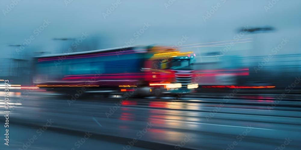 A commercial semitruck in motion on the road symbolizing the power and resilience of truck transportation logistics. Concept Transportation Industry, Commercial Vehicles, Resilience, Logistics