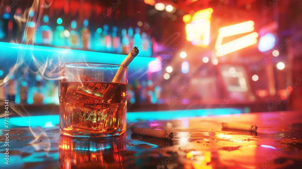 A nightlife scene with illuminated glass of whiskey and cigarettes on a vibrant, neon-lit wet table A nightlife scene with illuminated glass of whiskey and cigarettes on a vibrant, neon-lit wet table